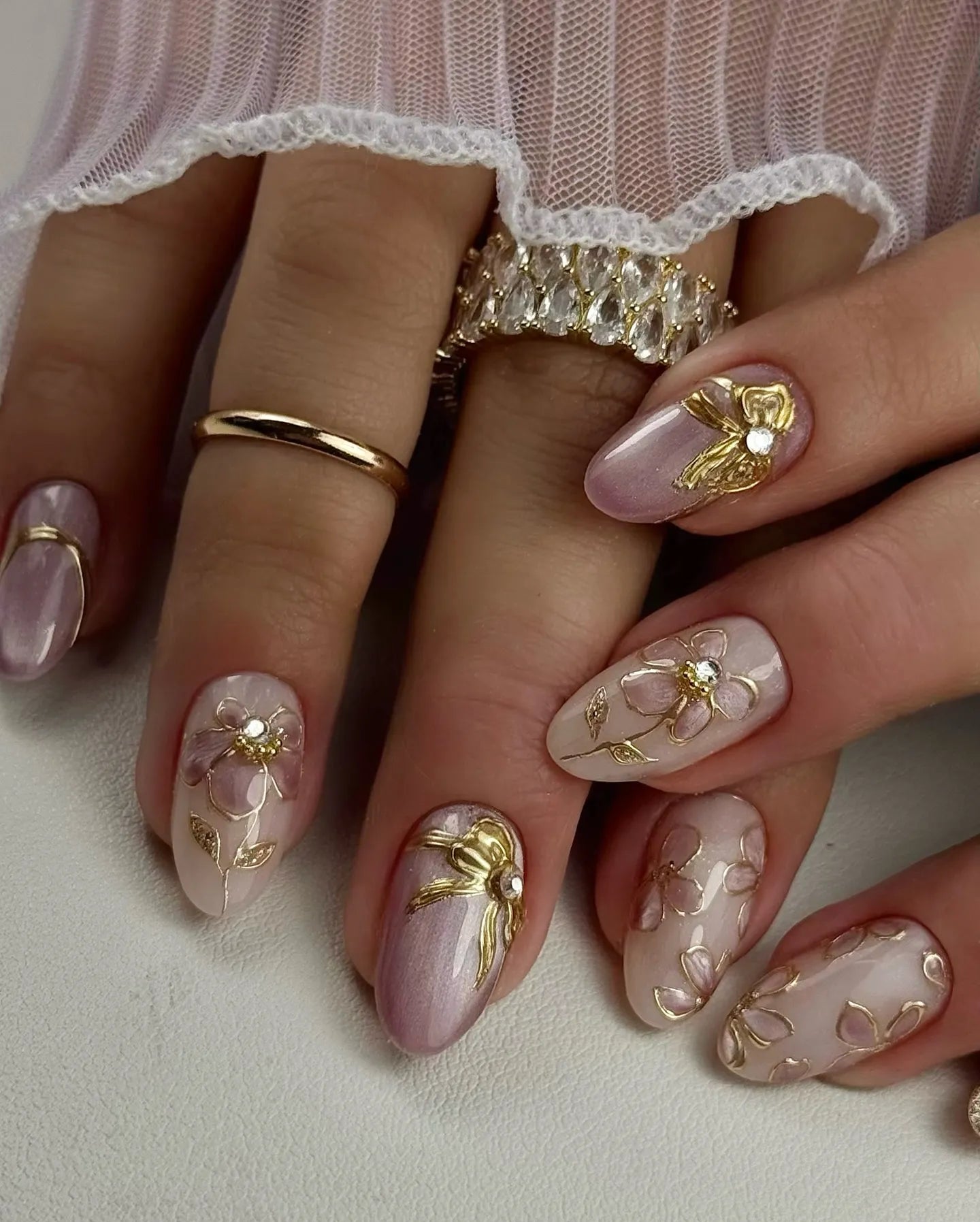 Handmade Pink Metallic Gold Bow Floral Accent Wedding Press on Nails X88