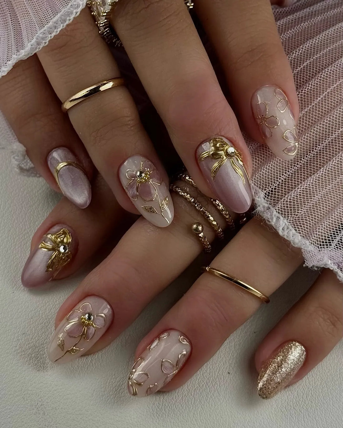Handmade Pink Metallic Gold Bow Floral Accent Wedding Press on Nails X88
