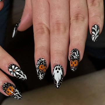 Handmade Elegant Spooky Halloween Black White Pumpkin Ghost Floral Press on Nails PW7