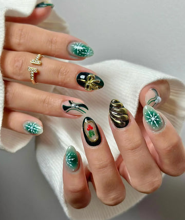 Handmade Gold Bow Snow Globe Snowflake Winter Press on Nails Q12