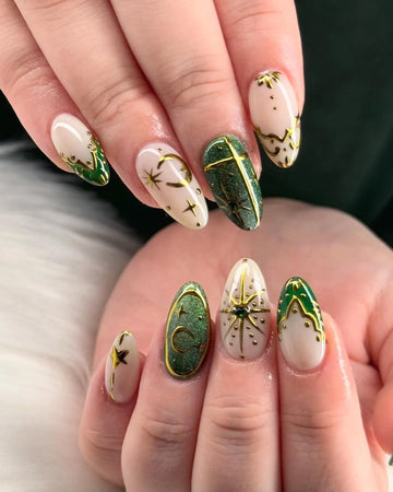 Handmade Gold Celestial Star Moon Holiday Press on Nails Z81