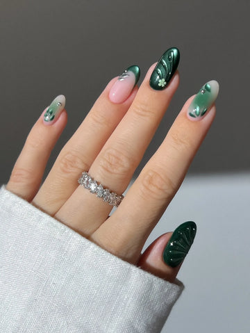 Handmade Emerald Green Botanical Leaf Swirl Floral Nature Press on Nails K36