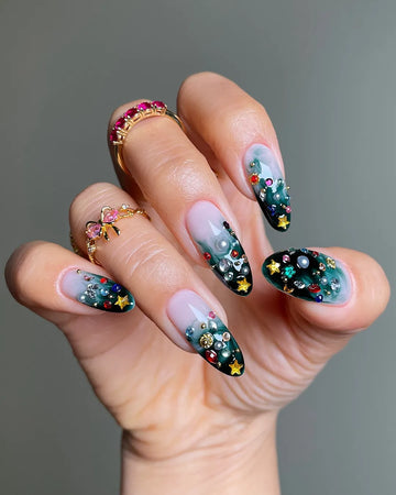 Handmade Emerald Jewel Star Gemstone Holiday Art Press on Nails Q62