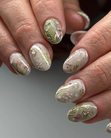 Handmade press-on nails with 3D floral, gold leaf, and mushroom forest design