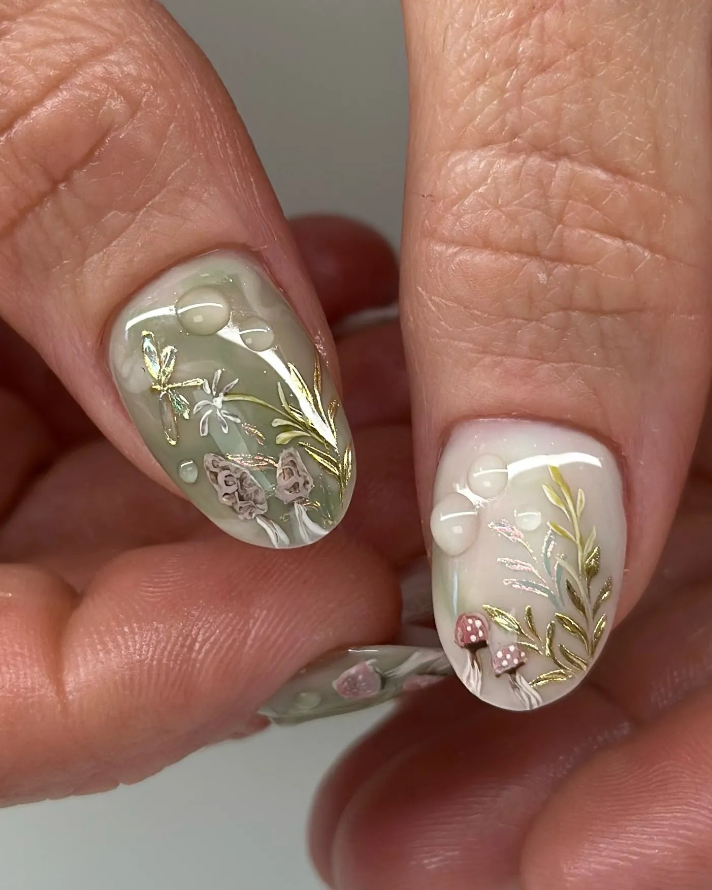 Handmade press-on nails with 3D gilded mushrooms, floral art, and gold leaf accents