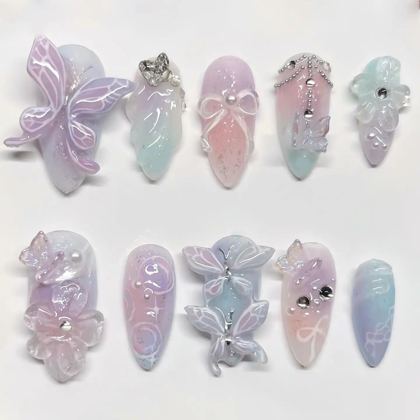 Handmade Butterfly Fairycore Bow Pastel Pearl Rhinestone Press on Nails P17