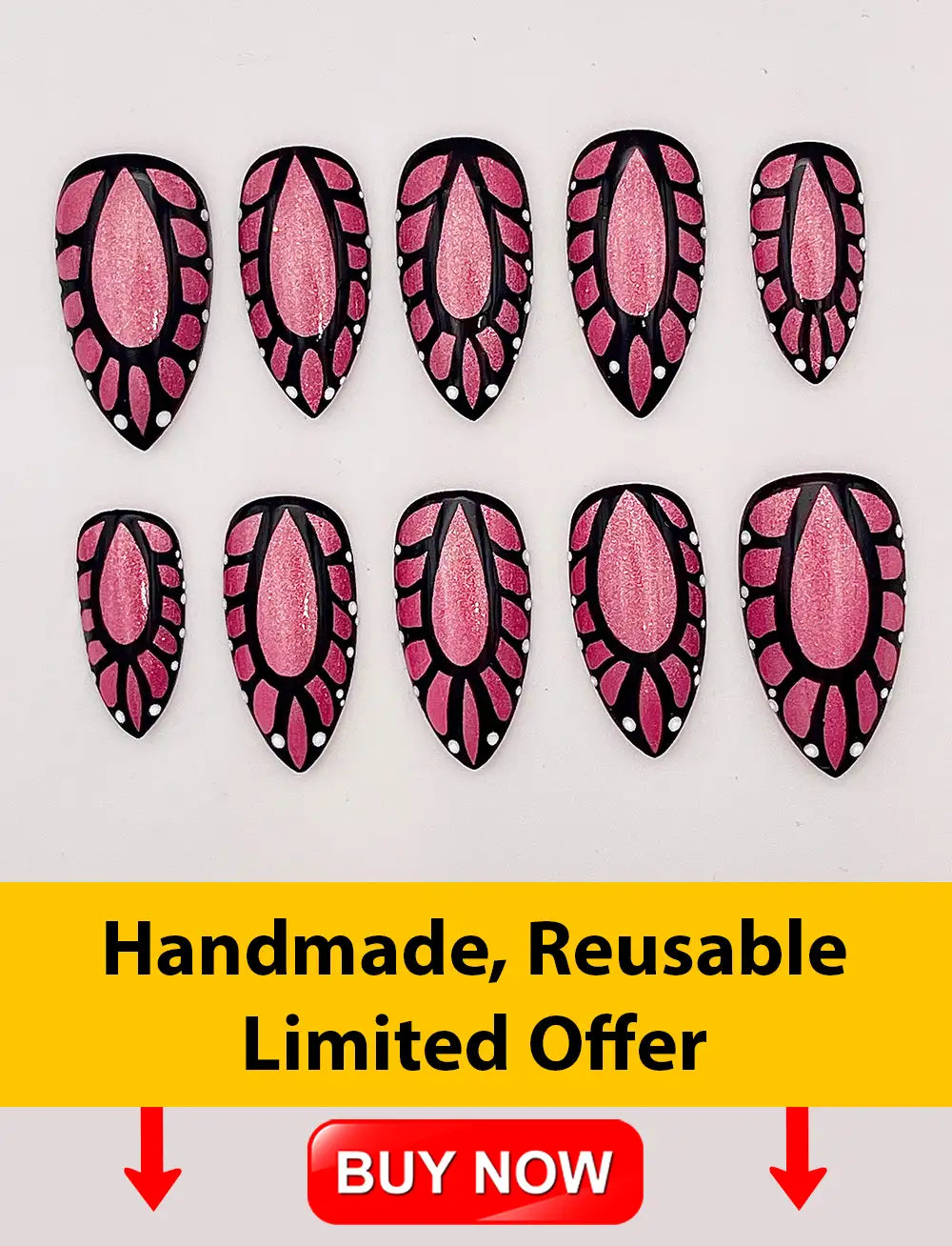 Handmade Fairy Butterfly Wing Press on Nails - Glitter Pink Reusable Fingernails