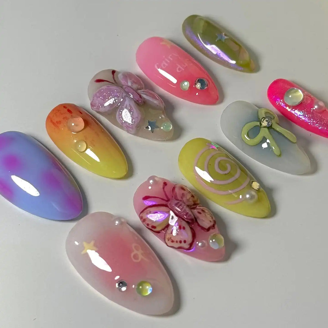 Handmade Fairycore Butterfly Pastel Star Glitter Press on Nails S37