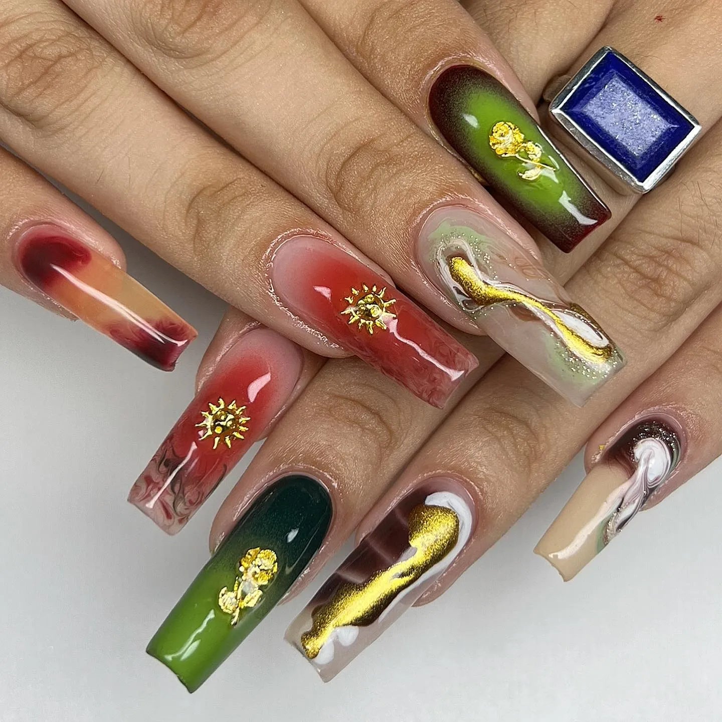 Handmade Fall Ombre Abstract Swirl Gold Leaf Unique Press on Nails W64