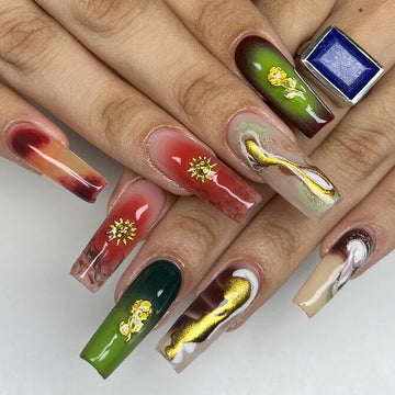 Handmade Fall Ombre Abstract Swirl Gold Leaf Unique Press on Nails W64