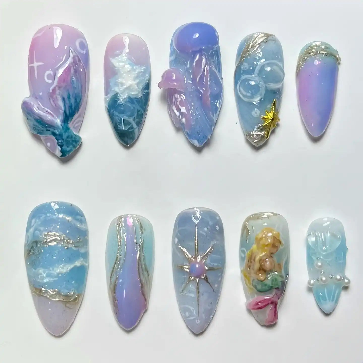 Fantasy Mermaid Tail Jellyfish Pastel Ocean Fake Nails - Blue Pearl Sea V21