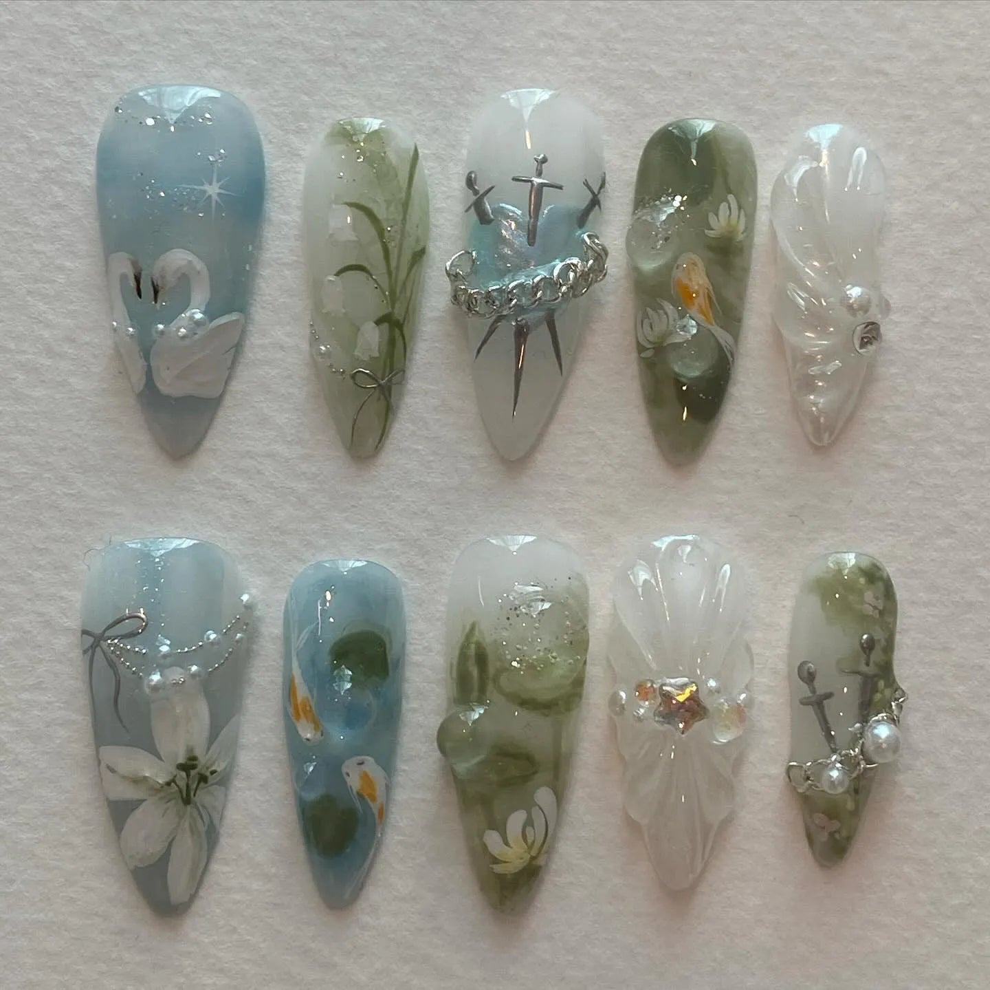 Handmade Fantasy Swan Pond Koi Fish Sword Silver Chain Fake Nails Q78