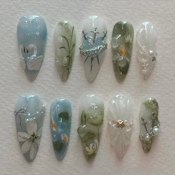 Handmade Fantasy Swan Pond Koi Fish Sword Silver Chain Fake Nails Q78