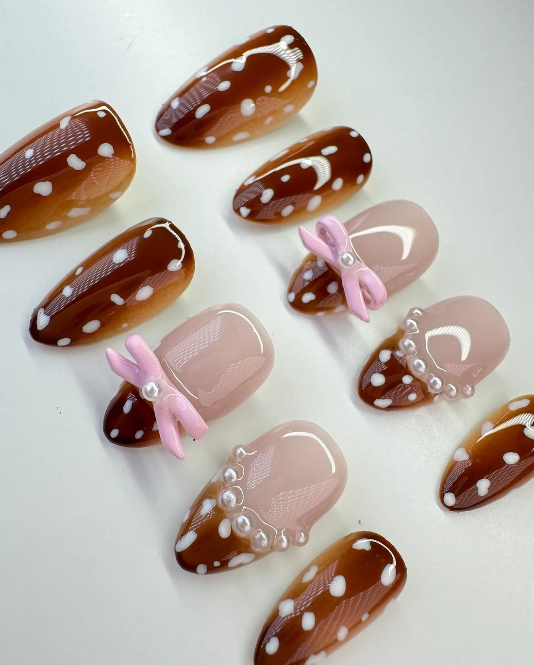 Handmade Fawn Deer Spotted Pink Bow Pearl Press on Nails P45