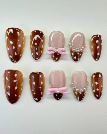 Handmade Fawn Deer Spotted Pink Bow Pearl Press on Nails P45