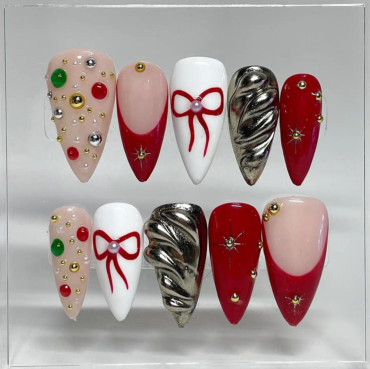 Handmade Festive Christmas Red Green Gold 3D Bow Accent Press on Nails T49