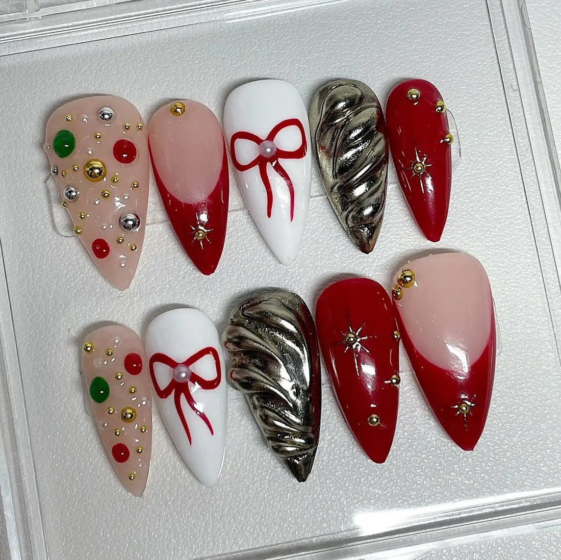 Handmade Festive Christmas Red Green Gold 3D Bow Accent Press on Nails T49