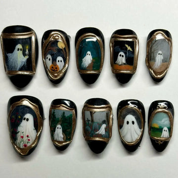 Handmade Fine Art Gothic Vintage Framed Oil Painting Ghost Portrait Press on Nails QD6