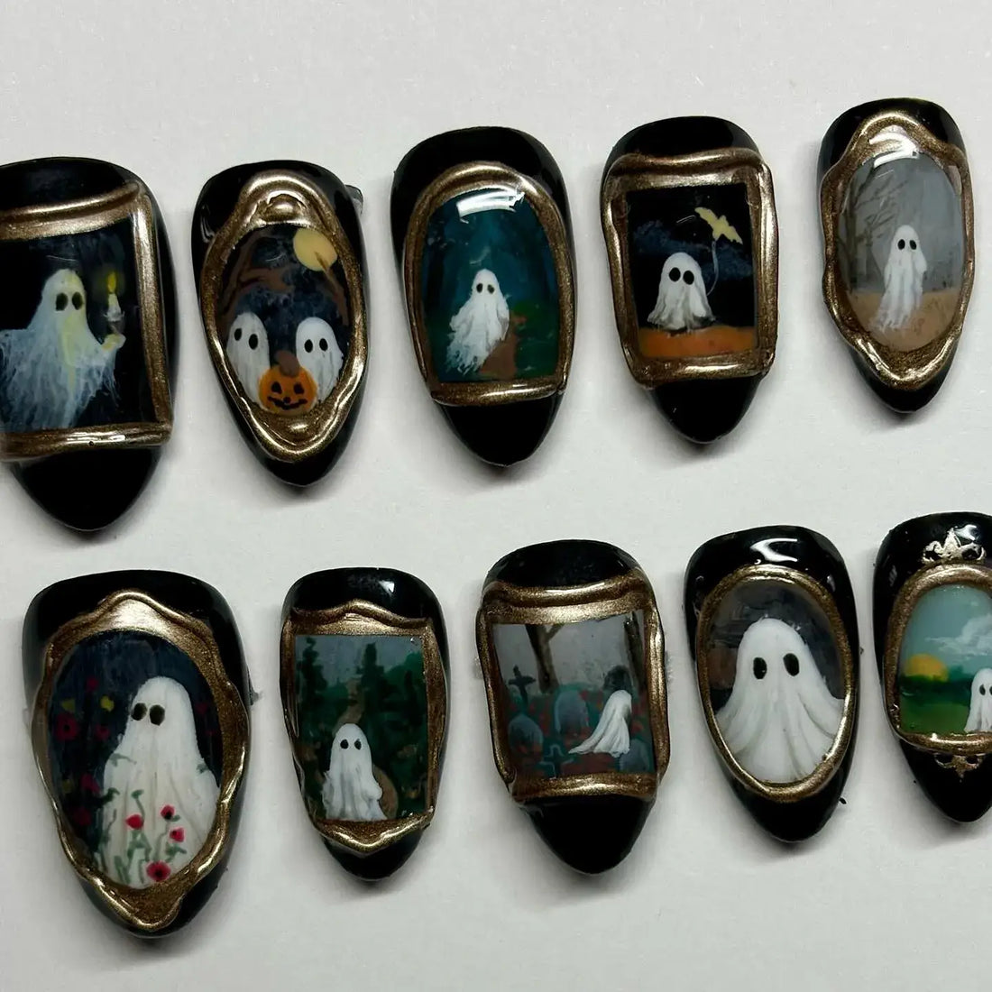 Handmade Fine Art Gothic Vintage Framed Oil Painting Ghost Portrait Press on Nails QD6