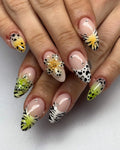 Handmade press-on nails with floral, leopard, zebra French tips and crystal accents