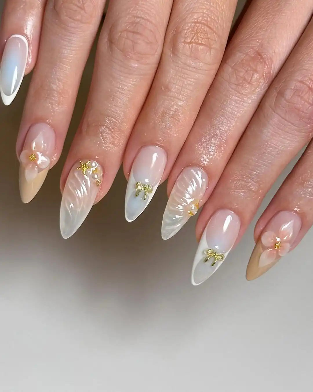 Handmade Florals White French Tip with Gold Press on Nails W61