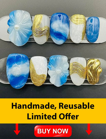 Handmade Flower Ocean Blue & Gold Press on Nails - Reusable Fingernails