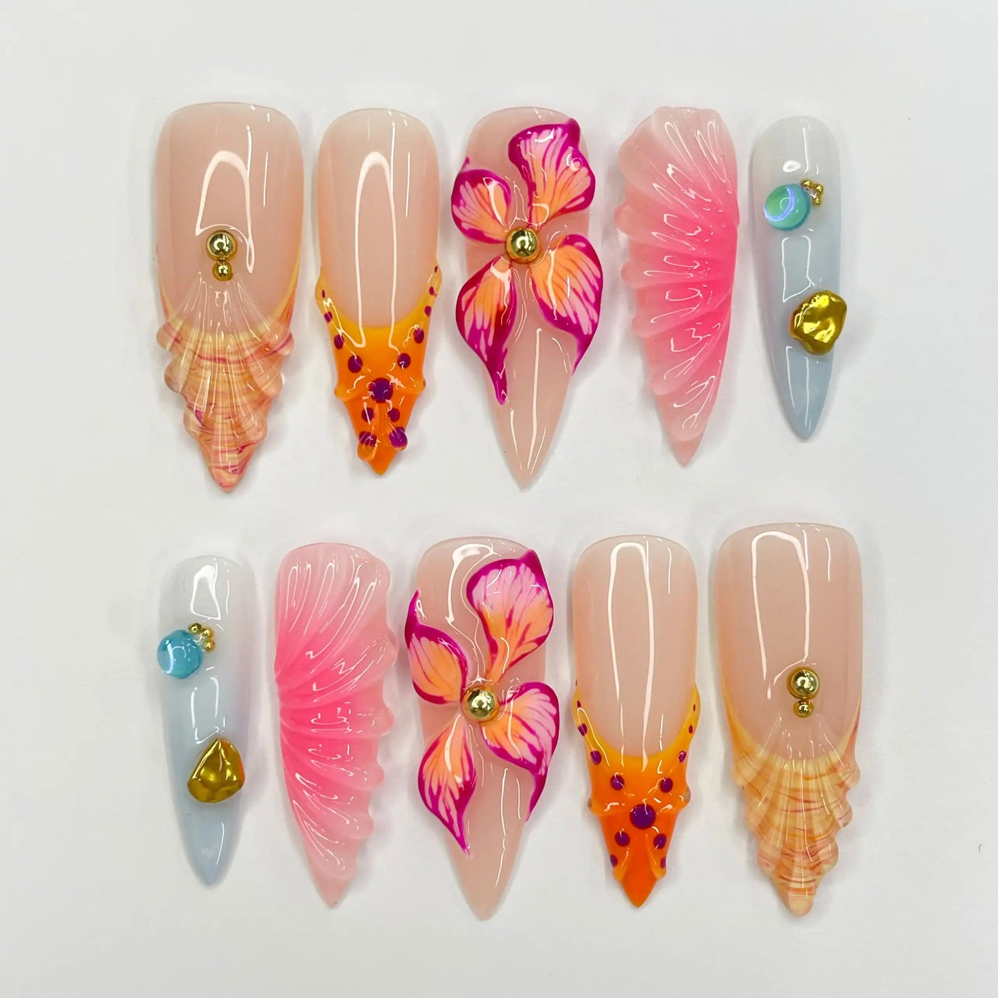 Handmade Flower Seashell Tropical Pink Orange Summer Press on Nails G34