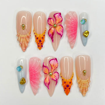 Handmade Flower Seashell Tropical Pink Orange Summer Press on Nails G34