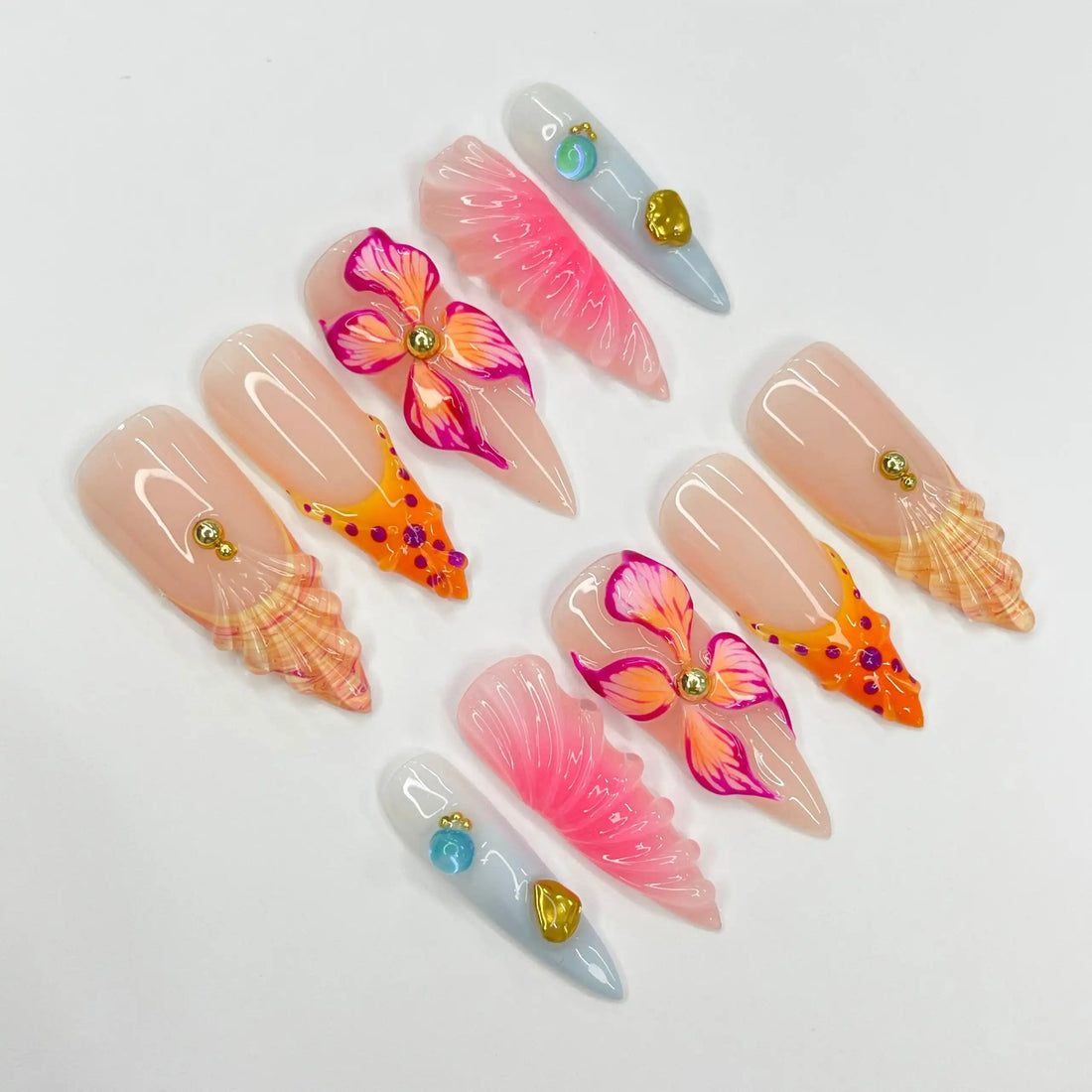 Handmade Flower Seashell Tropical Pink Orange Summer Press on Nails G34