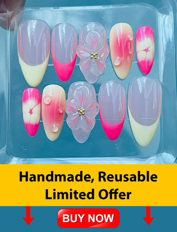 Handmade Flowers French Tip 3D Press on Nails - Pink Spring Reusable Fingernails