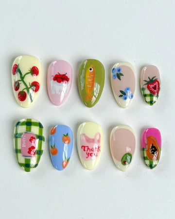 Handpainted Food Fruit Cherry Papaya Plaid Fish Olive Cute Press on Nails S48