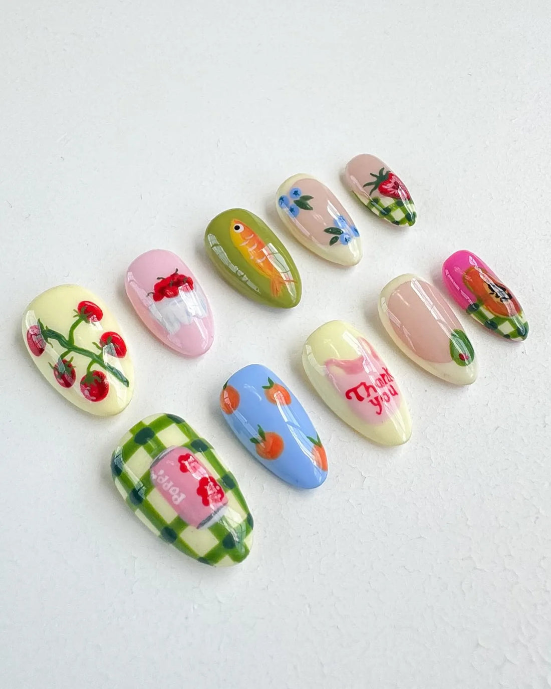 Handpainted Food Fruit Cherry Papaya Plaid Fish Olive Cute Press on Nails S48