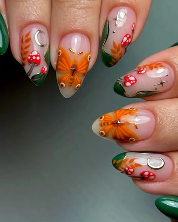 Handmade Forest Butterfly Mushroom Moon Autumn Fairycore Press on Nails M53