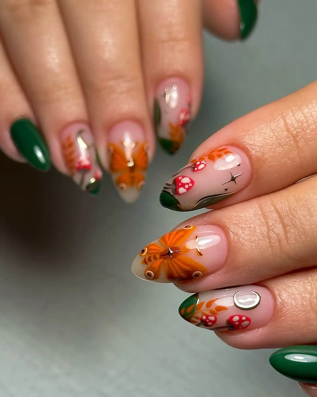 Handmade Forest Butterfly Mushroom Moon Autumn Fairycore Press on Nails M53