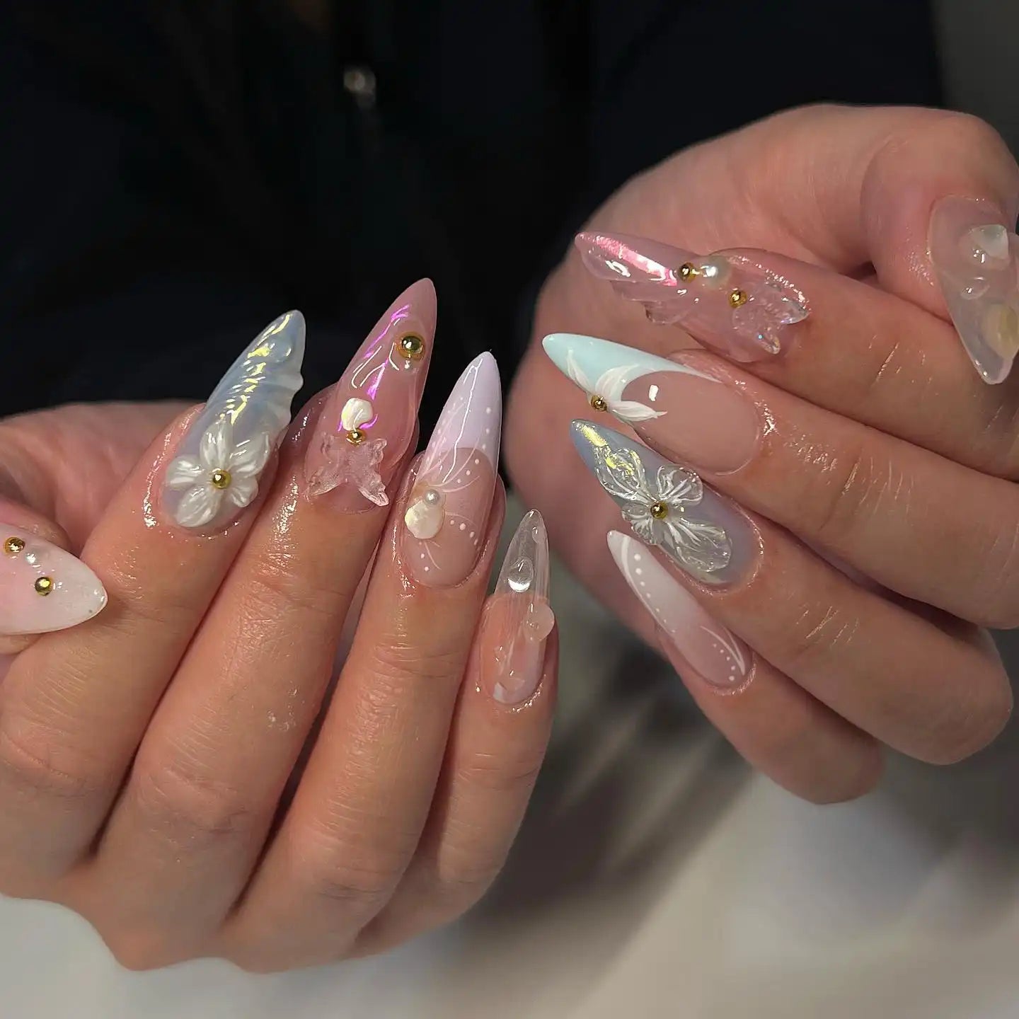 Handmade French 3D Florals Butterfly Spring Press on Nails T67