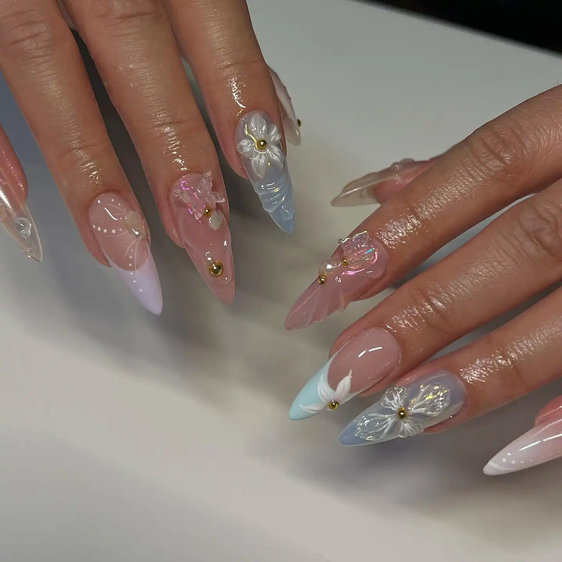 Handmade French 3D Florals Butterfly Spring Press on Nails T67