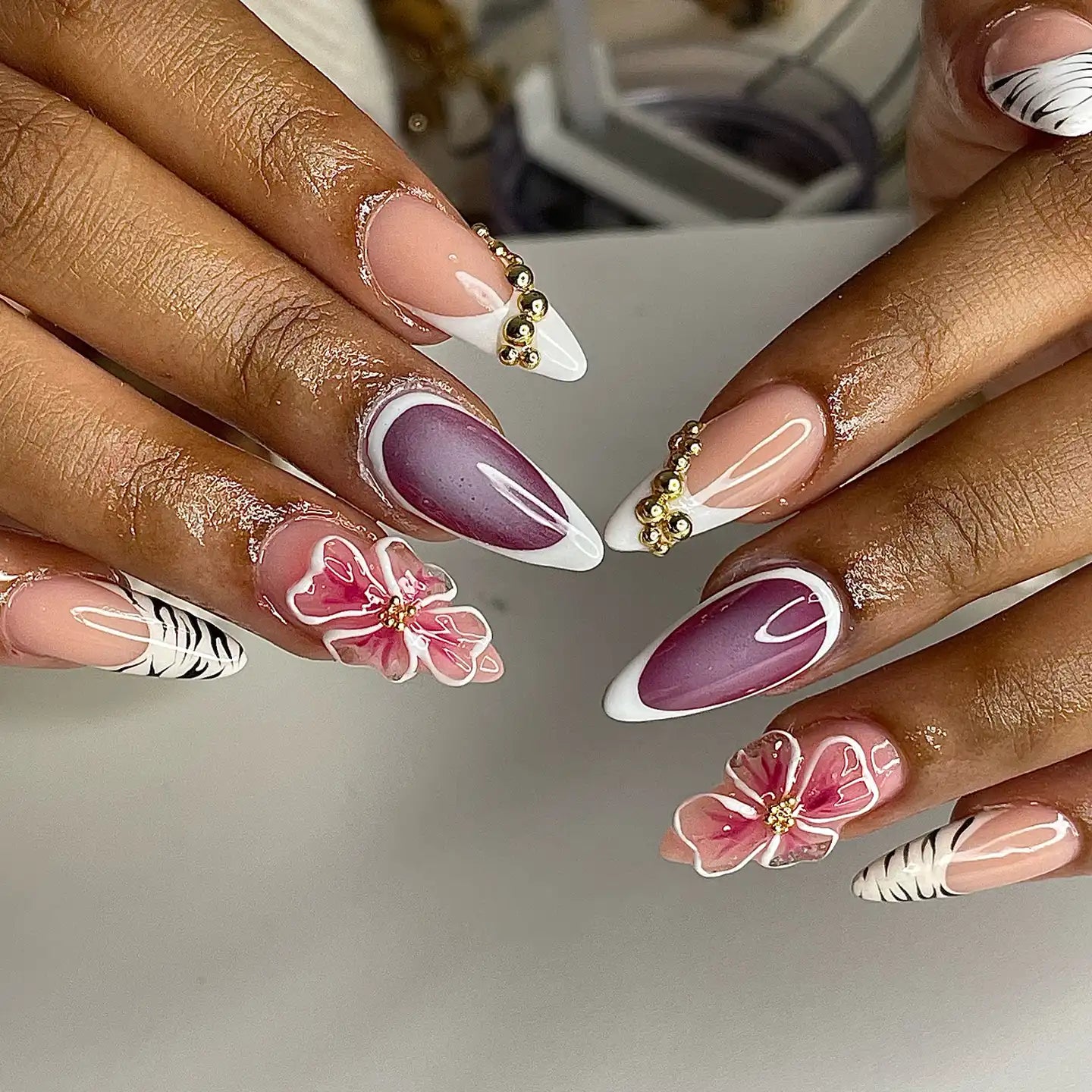 Handmade French Purple Ombre Floral 3D Charm Chic Press on Nails R87