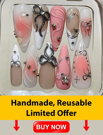 Handmade French Tip Bow Press on Nails - Pink Silver Reusable Fingernails