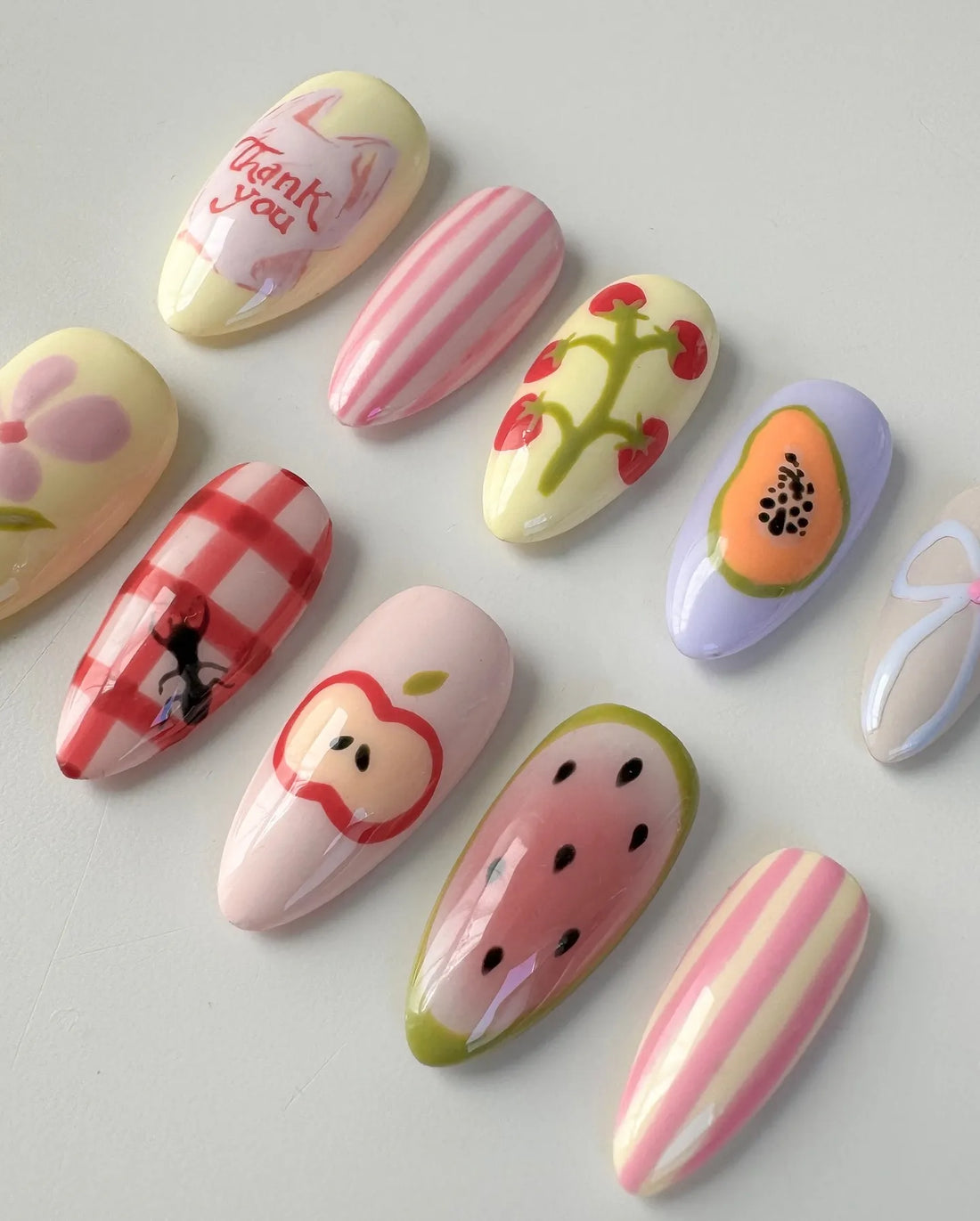 Handmade Fruit Papaya Watermelon Stripe Flower Summer Press on Nails T85