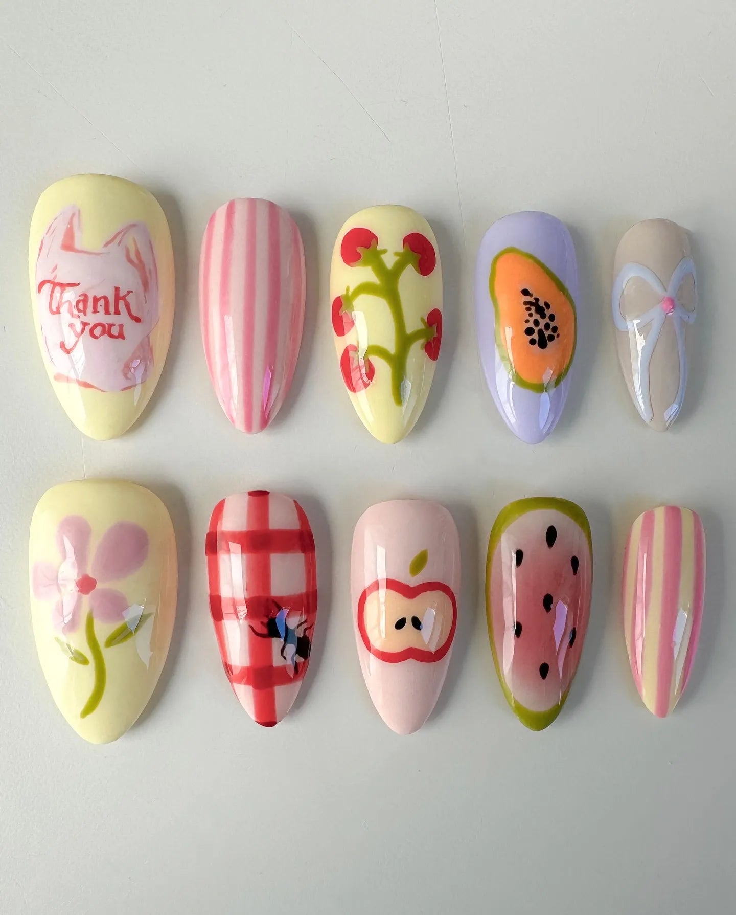 Handmade Fruit Papaya Watermelon Stripe Flower Summer Press on Nails T85