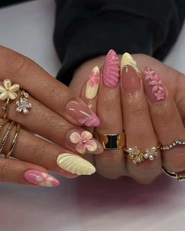 Handmade Fun Pink Yellow 3D Flower Shell Spring Summer Press on Nails S50