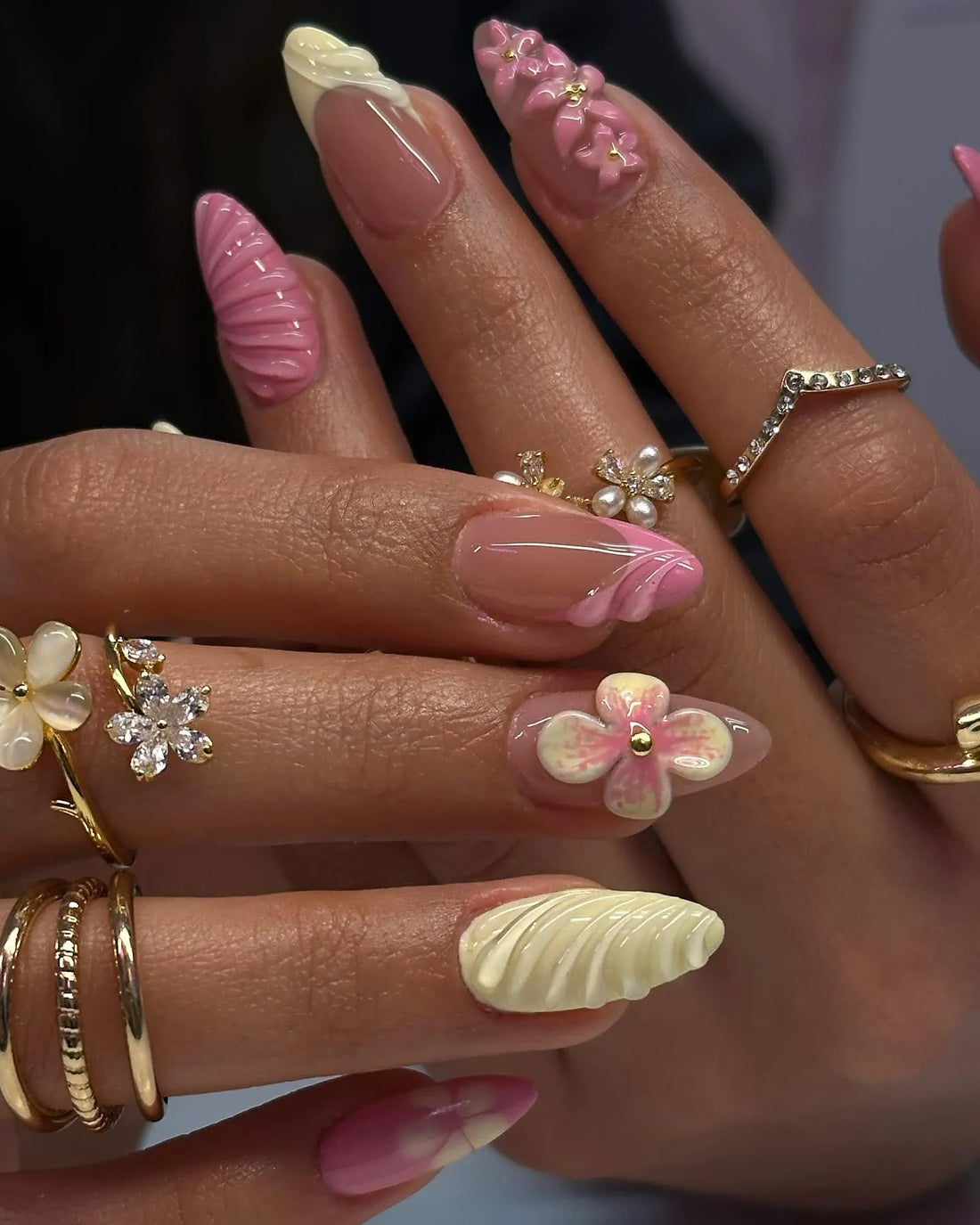 Handmade Fun Pink Yellow 3D Flower Shell Spring Summer Press on Nails S50