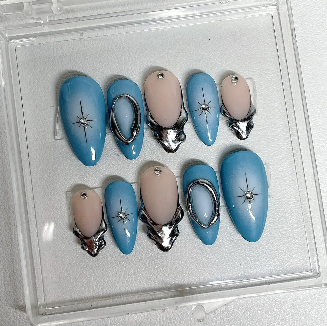 Handmade Blue Ombre Metallic Silver Chrome Starburst Press on Nails H92