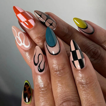 Handmade Geometric and Color Block Design Press on Nails U58