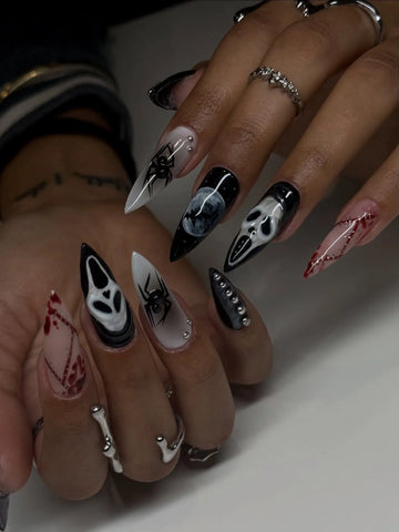 Handmade Ghost-face Full Moon Spider Blood Drip Stitched Press on Nails QD8