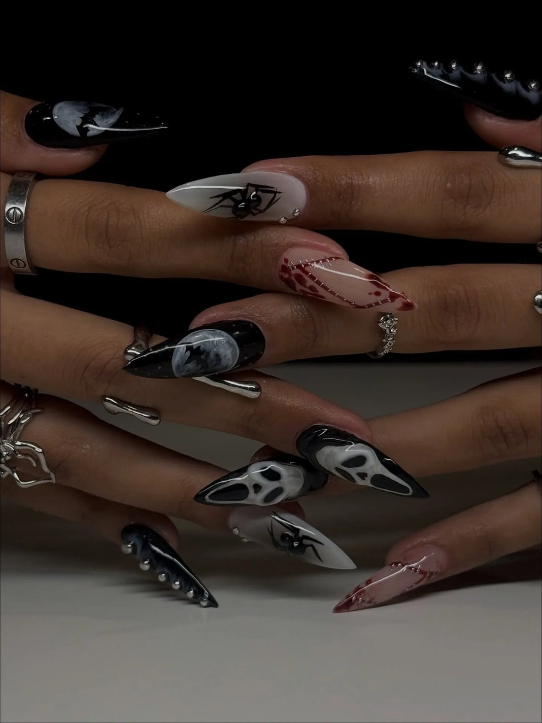 Handmade Ghost-face Full Moon Spider Blood Drip Stitched Press on Nails QD8