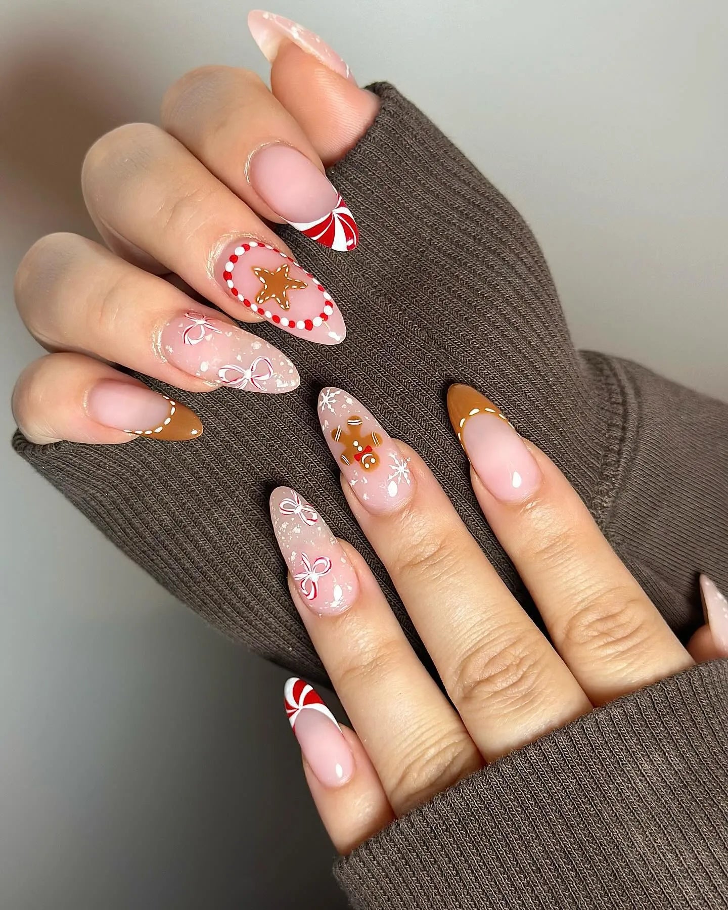 Handmade Gingerbread Man Candy Cane French Tip Press on Nails N59