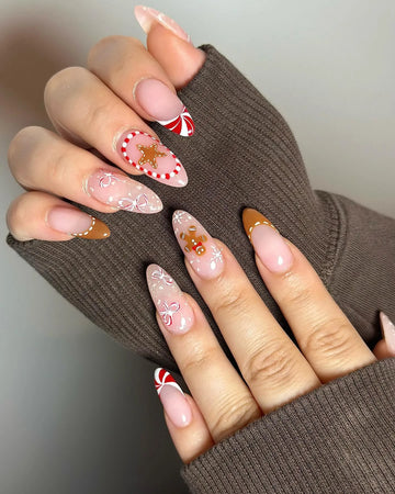 Handmade Gingerbread Man Candy Cane French Tip Press on Nails N59