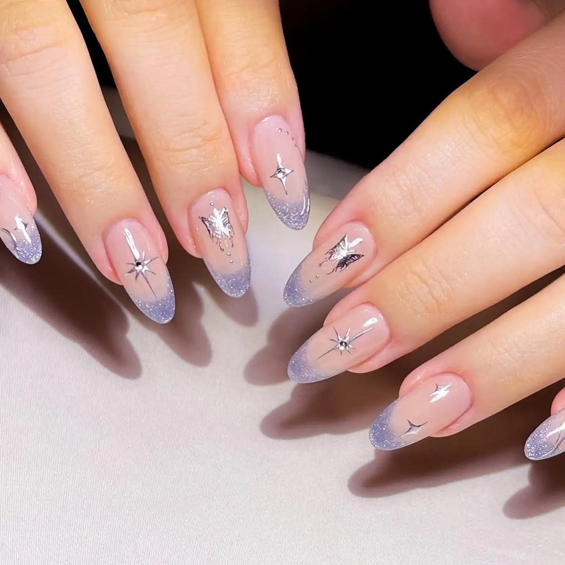 Handmade Glitter Purple French with Silver Butterfly Press-on Nails U68