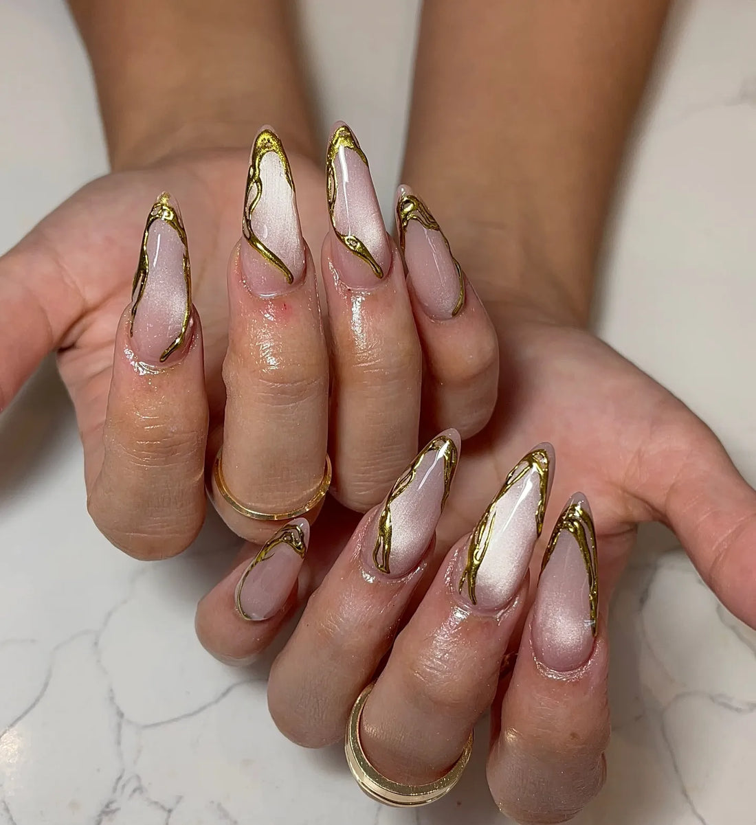 Handmade Gold Abstract Swirl Chrome Cat Eye Luxury Press on Nails S03